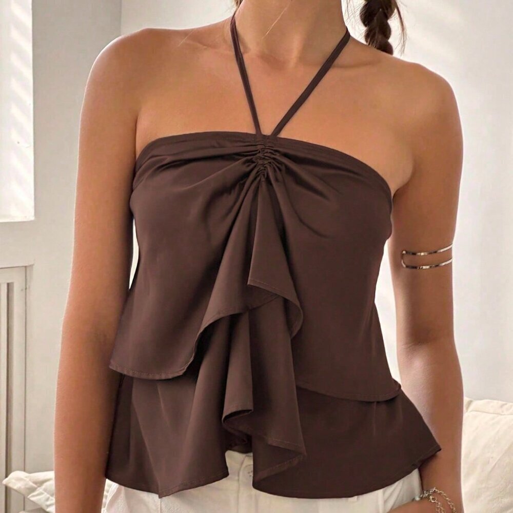 Brown Party Women's Ruffle Trim Halter Neck Camisole